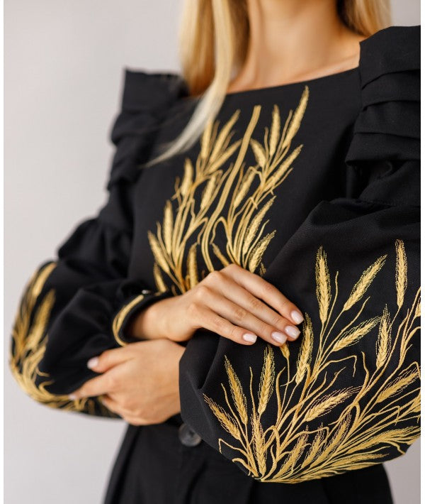 Cotton Women'S Embroidered Blouse Ear Of Wheat Black-Blouse-Art Lev-42-Urbanheer