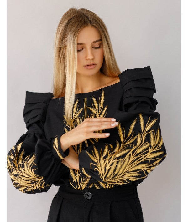 Cotton Women'S Embroidered Blouse Ear Of Wheat Black-Blouse-Art Lev-42-Urbanheer