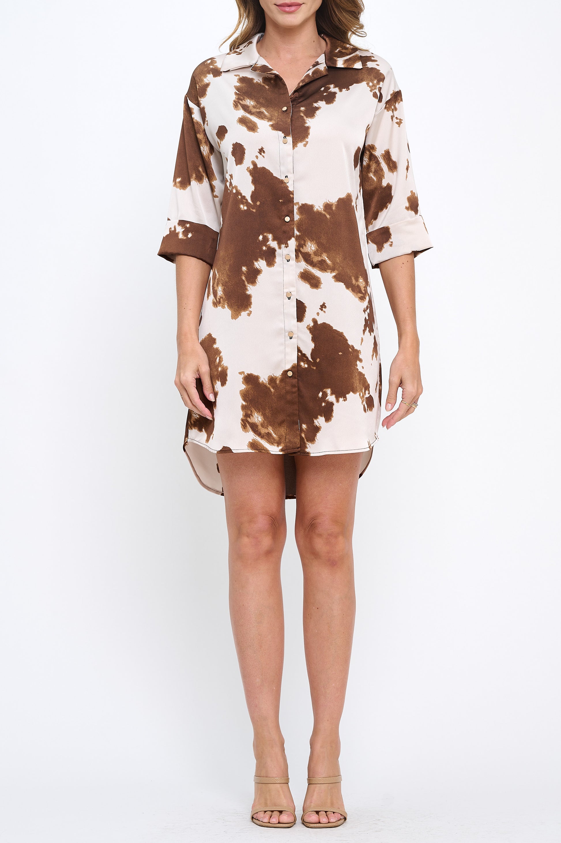 Cow Print Collared Dress with Hi-Low Hem-Dresses-Reneecollection-Small-BROWN-Urbanheer