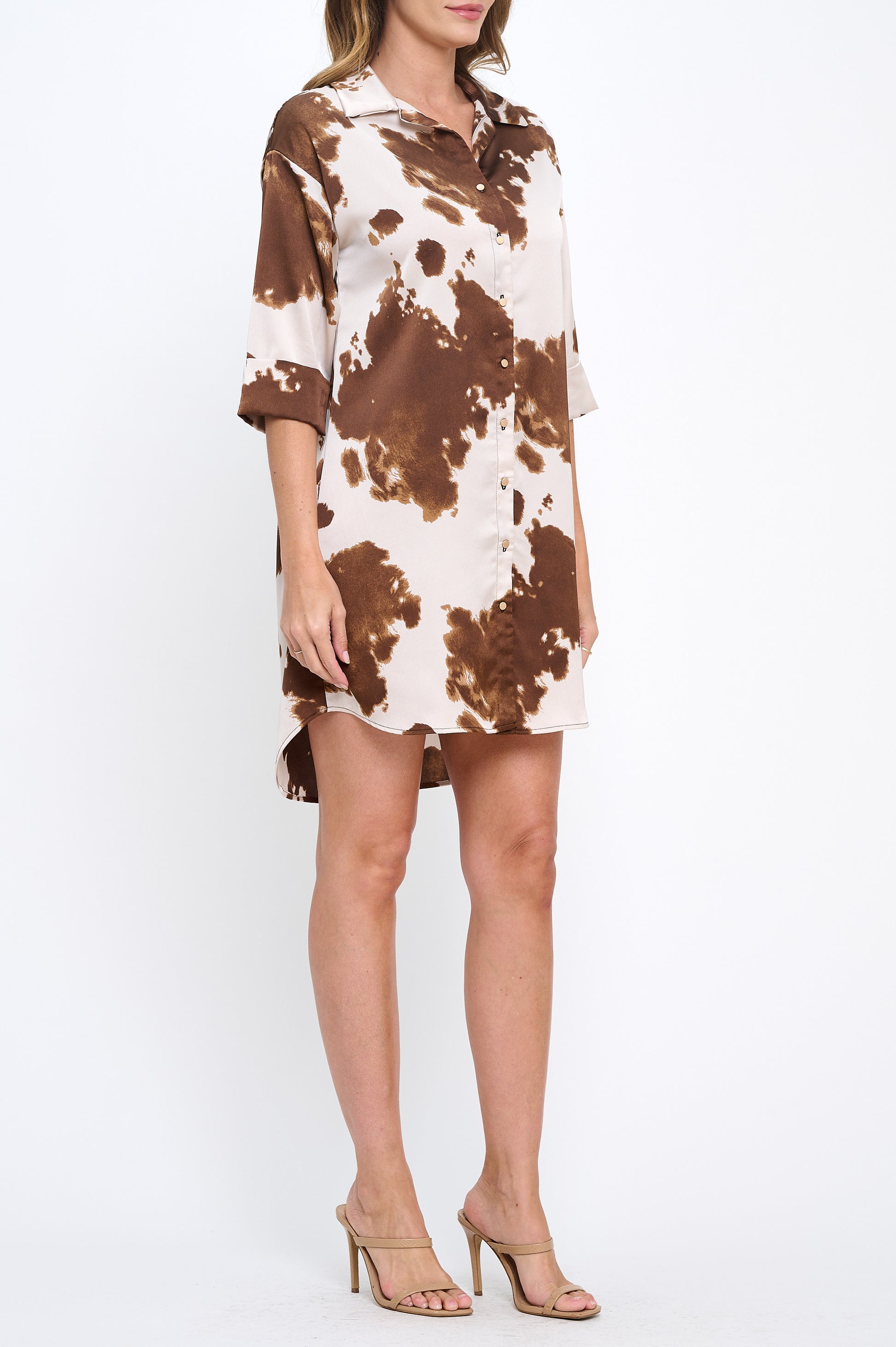 Cow Print Collared Dress with Hi-Low Hem-Dresses-Reneecollection-Small-BROWN-Urbanheer