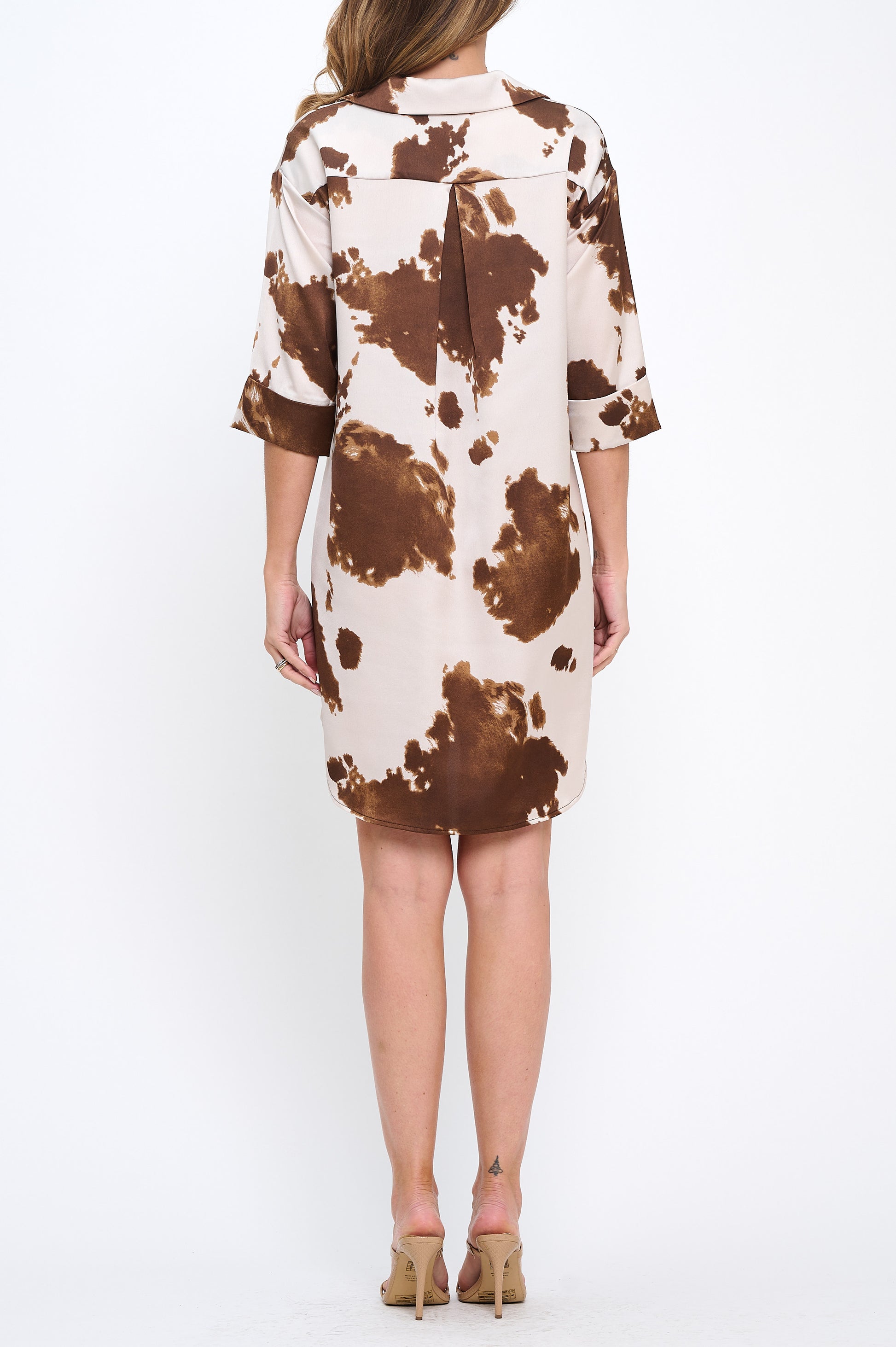 Cow Print Collared Dress with Hi-Low Hem-Dresses-Reneecollection-Small-BROWN-Urbanheer