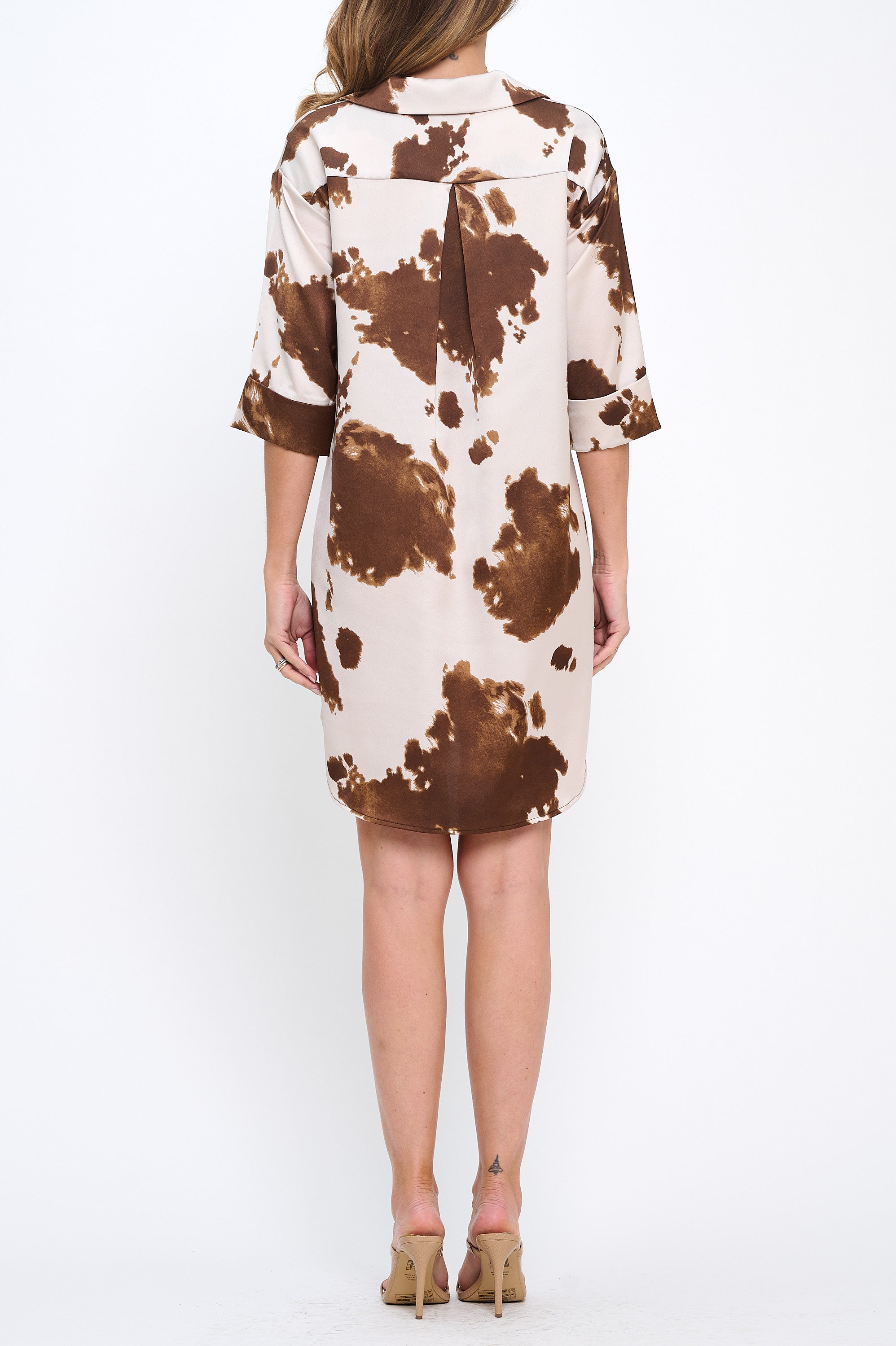 Cow Print Collared Dress with Hi-Low Hem-Dresses-Reneecollection-Small-BROWN-Urbanheer