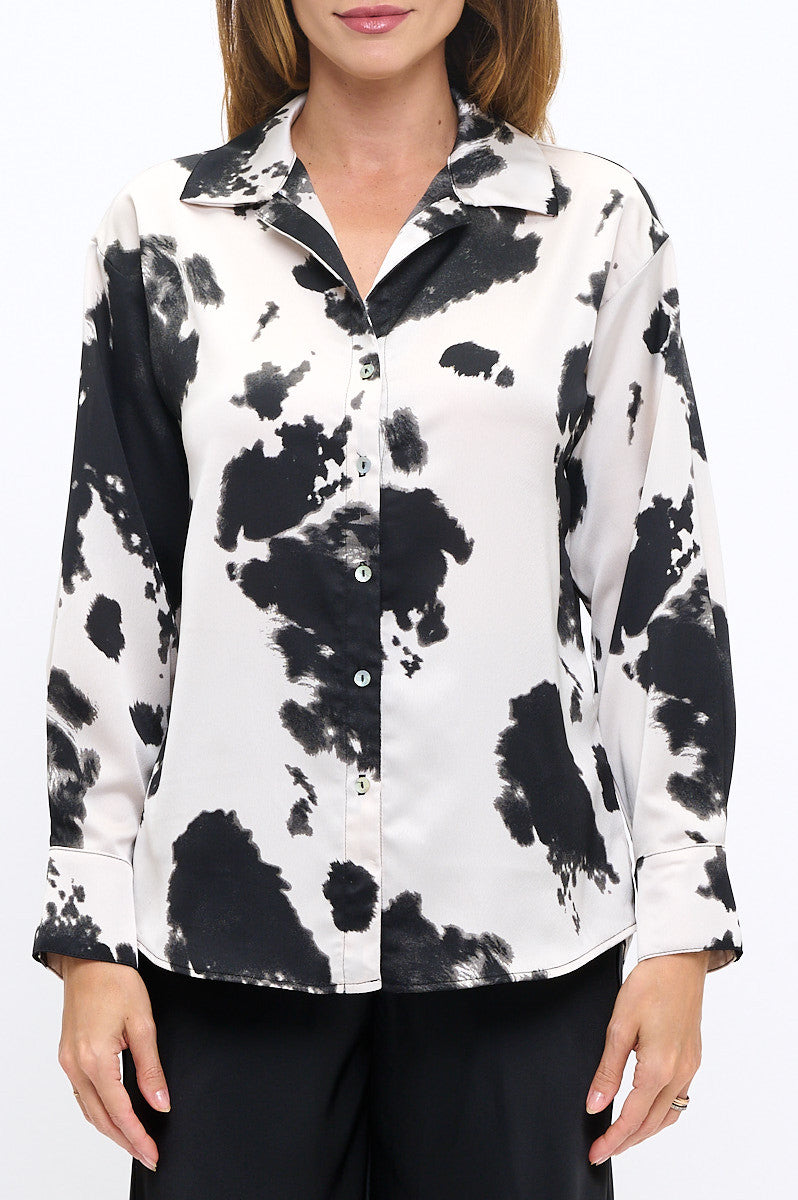 Cow Print Collared Top with Cuffed Split Sleeve-New Arrival-Reneecollection-Small-BLACK-Urbanheer