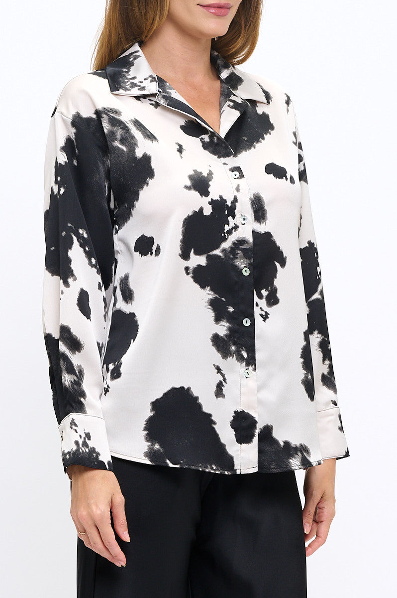 Cow Print Collared Top with Cuffed Split Sleeve-New Arrival-Reneecollection-Small-BLACK-Urbanheer