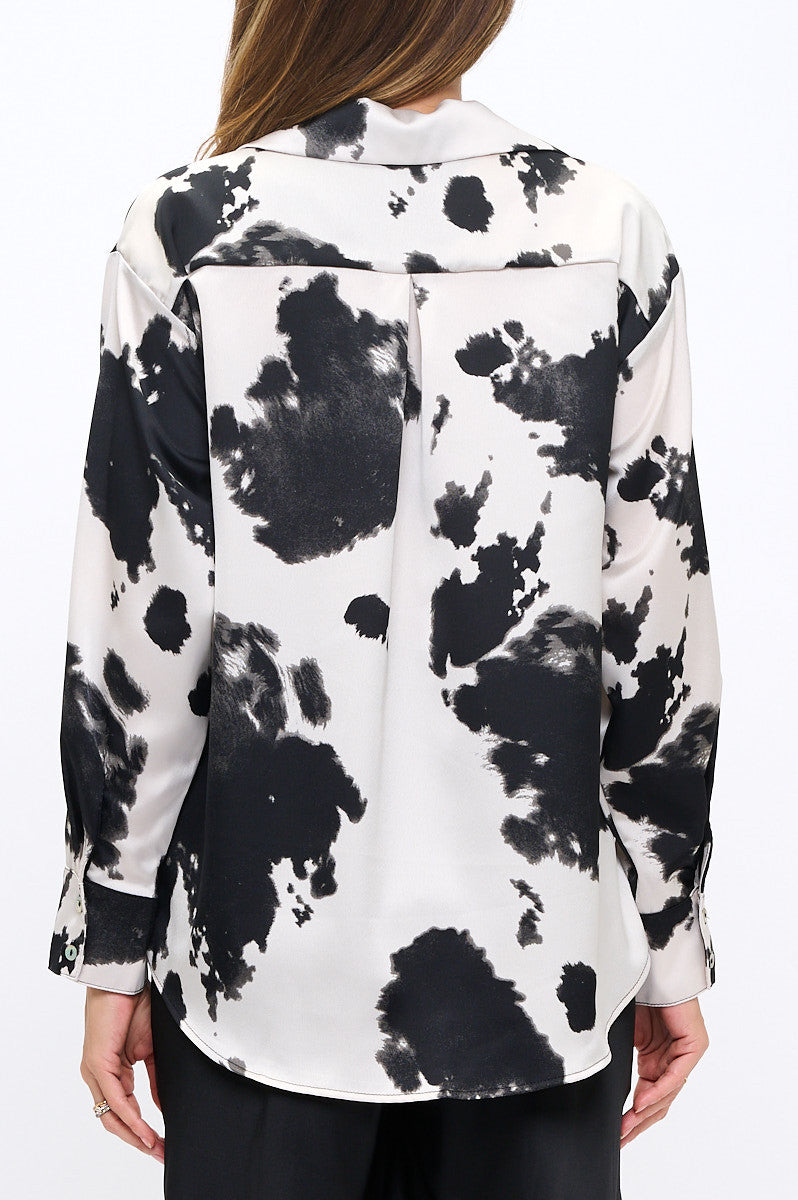 Cow Print Collared Top with Cuffed Split Sleeve-New Arrival-Reneecollection-Small-BLACK-Urbanheer