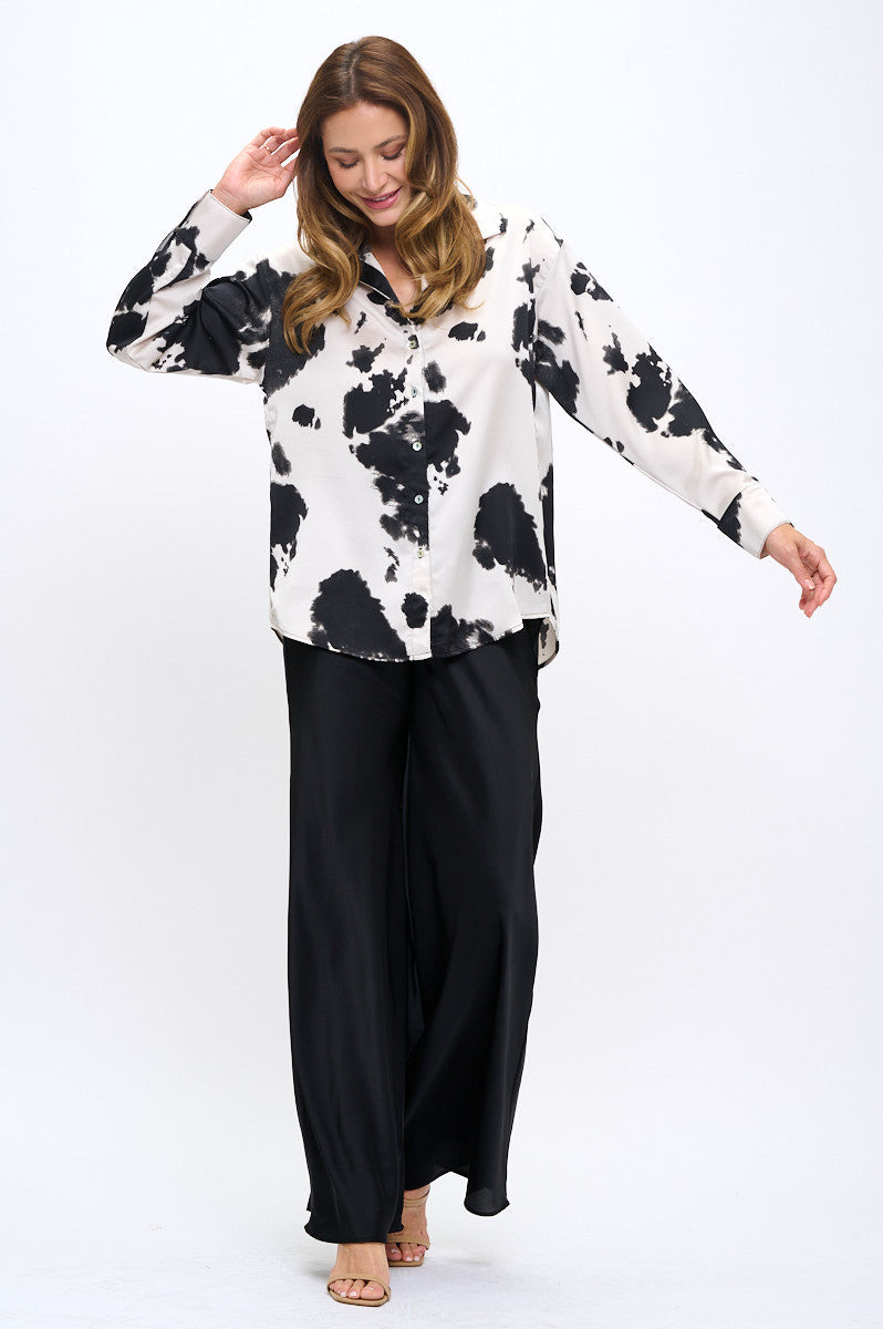Cow Print Collared Top with Cuffed Split Sleeve-New Arrival-Reneecollection-Small-BLACK-Urbanheer