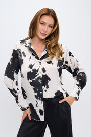 Cow Print Collared Top with Cuffed Split Sleeve-New Arrival-Reneecollection-Small-BLACK-Urbanheer