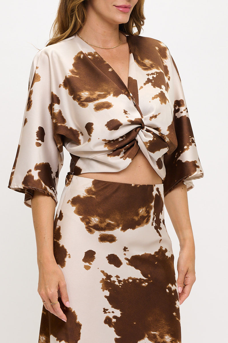 Cow Print Mid Sleeve Top with Front Twist-New Arrival-Reneecollection-Small-BROWN-Urbanheer