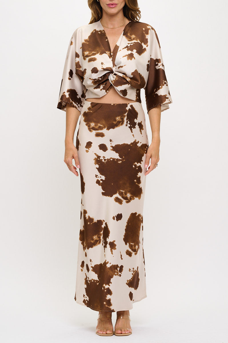 Cow Print Mid Sleeve Top with Front Twist-New Arrival-Reneecollection-Small-BROWN-Urbanheer