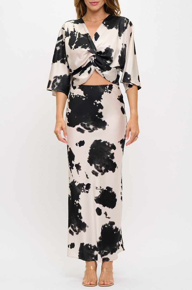 Cow Print Mid Sleeve Top with Front Twist-Tops-Reneecollection-Small-BLACK-Urbanheer