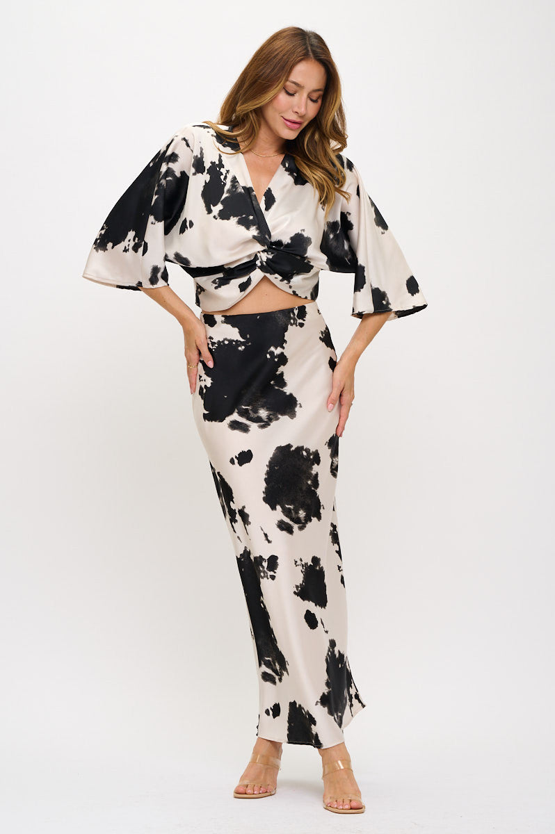 Cow Print Mid Sleeve Top with Front Twist-Tops-Reneecollection-Small-BLACK-Urbanheer