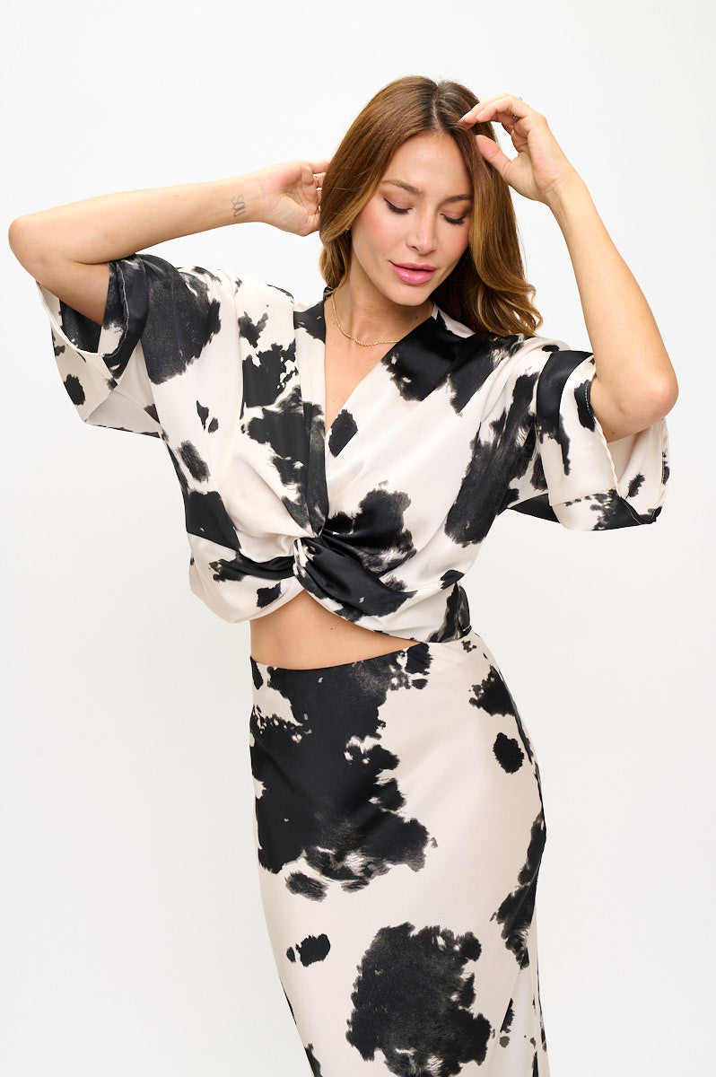 Cow Print Mid Sleeve Top with Front Twist-Tops-Reneecollection-Small-BLACK-Urbanheer