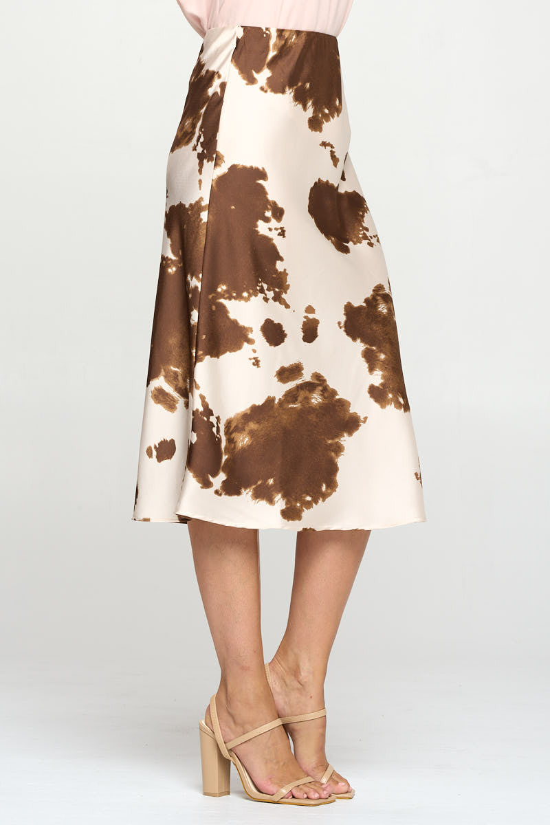 Cow Print Satin Midi Skirt-Skirts-Reneecollection-Urbanheer