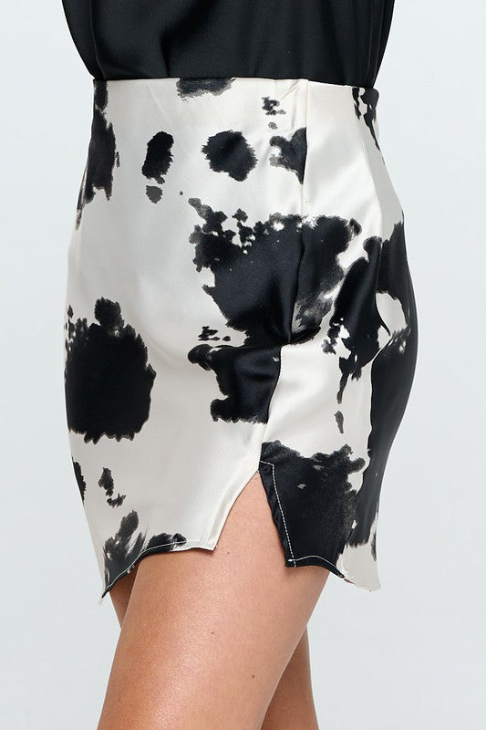 Cow Print Satin Mini Skirt with Slit-Skirts-Reneecollection-Urbanheer