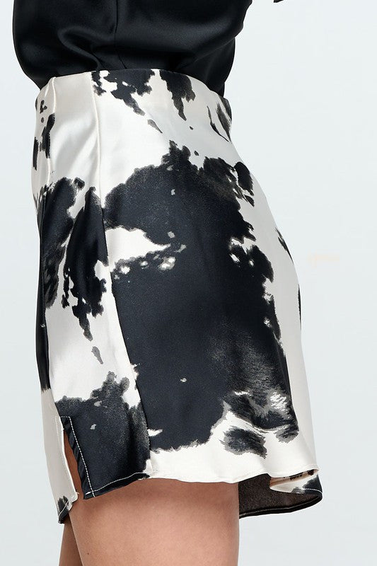 Cow Print Satin Mini Skirt with Slit-Skirts-Reneecollection-Urbanheer