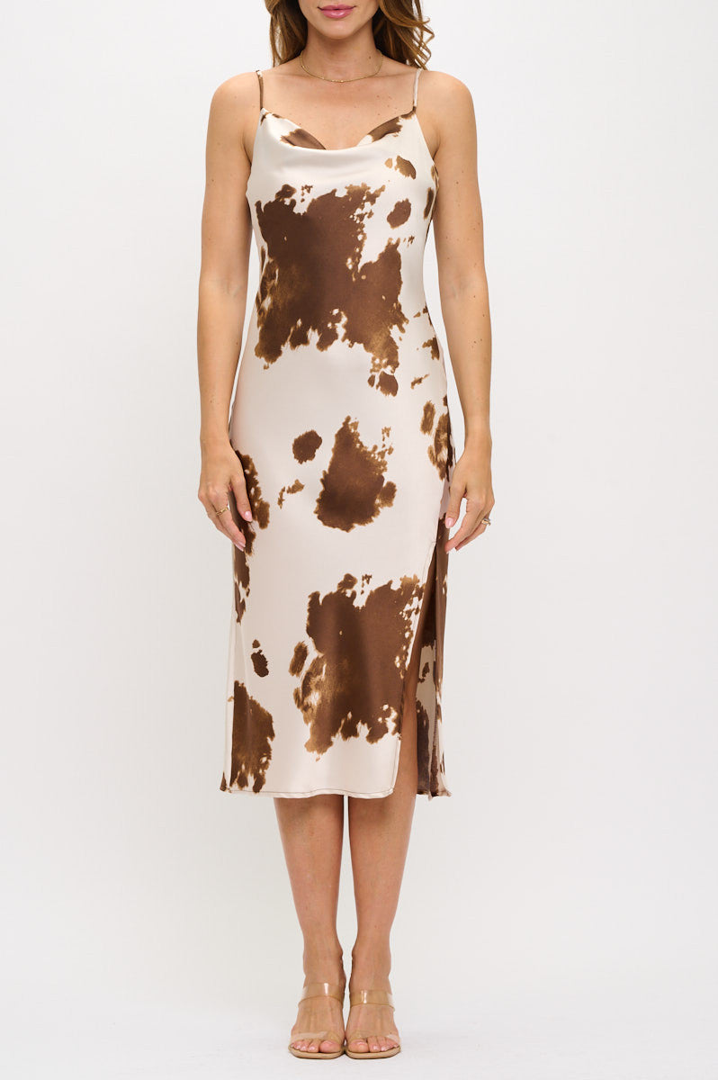 Cow Print Western Bias Slip Dress with Slit-Dresses-Reneecollection-Small-BROWN-Urbanheer