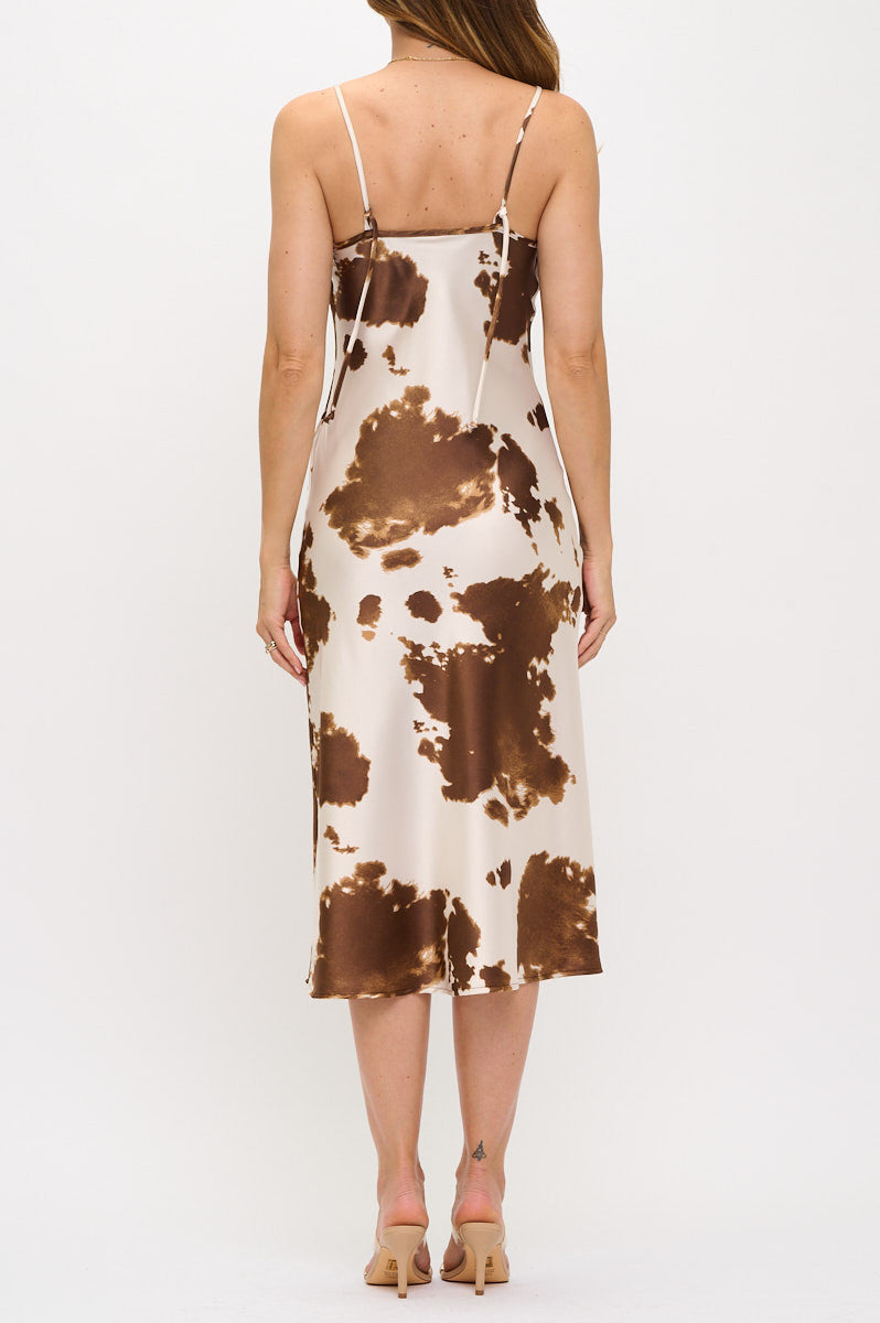 Cow Print Western Bias Slip Dress with Slit-Dresses-Reneecollection-Small-BROWN-Urbanheer