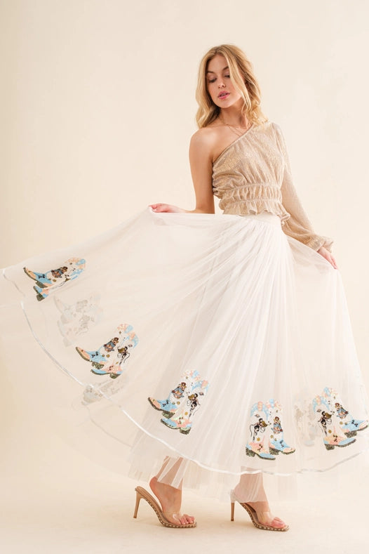 Cowgirl Boots Sequin Embellished Maxi Skirt