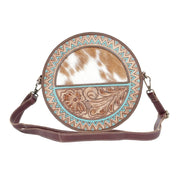 Cowhide Hand Tooled Leather Round Crossbody Shoulder Bag-Crossbody Shoulder Bag-The Sterling Gypsy-10 x 10 x 2 in (25.4 x 25.4 x 5.1 cm)-Urbanheer