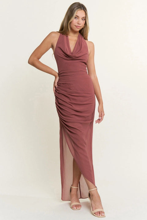 Cowl Halter Neck Chiffon Slit Maxi Dress