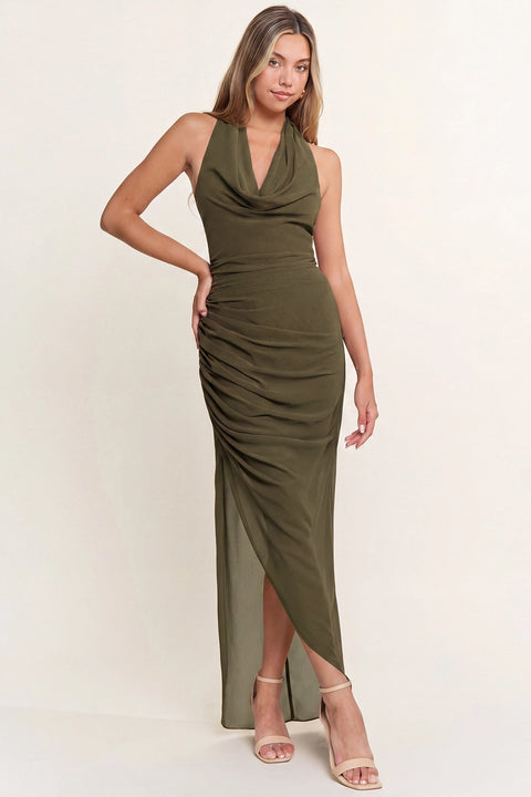 Cowl Halter Neck Chiffon Slit Maxi Dress