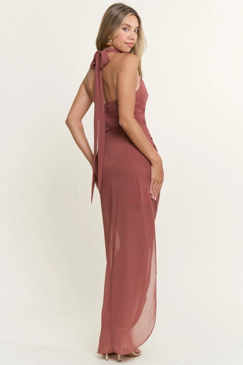 Cowl Halter Neck Chiffon Slit Maxi Dress