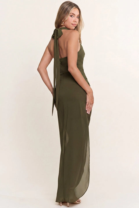 Cowl Halter Neck Chiffon Slit Maxi Dress