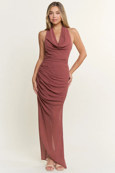 Cowl Halter Neck Chiffon Slit Maxi Dress