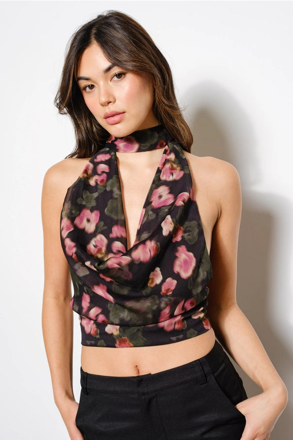 Cowl Neck Halter Neck Top (Lookbook)-Top-Pretty Garbage-S-Black Multi-Urbanheer