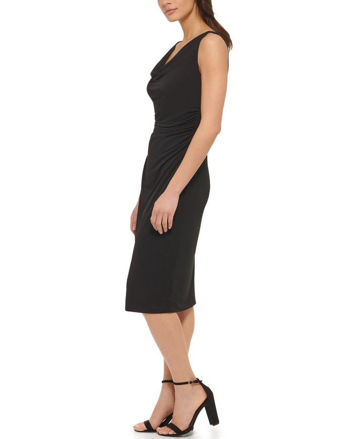Cowl Neck Ruched Sheath Dress Black-Dress-Kensie & Siena-4-BLACK-Urbanheer