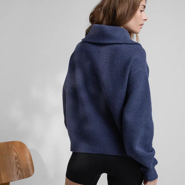 Cozy Cotton Silk Collared Half Zip Deep Blue Heather-Sweatshirt-LUNYA-S-Deep Blue Heather-Urbanheer