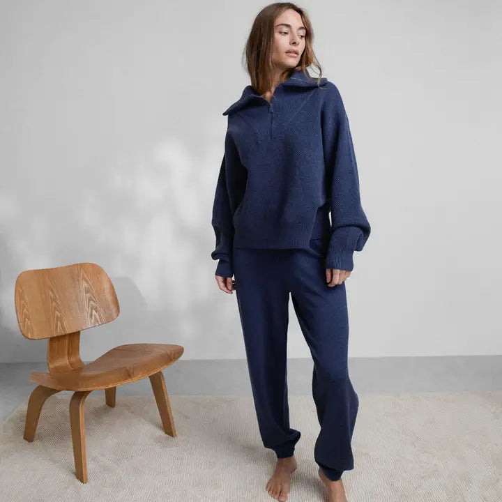 Cozy Cotton Silk Collared Half Zip Deep Blue Heather-Sweatshirt-LUNYA-S-Deep Blue Heather-Urbanheer