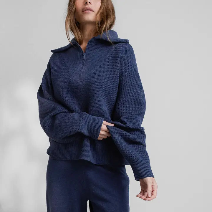 Cozy Cotton Silk Collared Half Zip Deep Blue Heather-Sweatshirt-LUNYA-S-Deep Blue Heather-Urbanheer