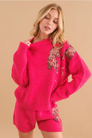 Cozy Knitted Sequin Sweater and Shorts Set HOT PINK-Set-Blue B-S-HOT PINK-Urbanheer