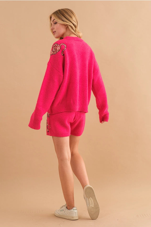 Cozy Knitted Sequin Sweater and Shorts Set HOT PINK-Set-Blue B-S-HOT PINK-Urbanheer