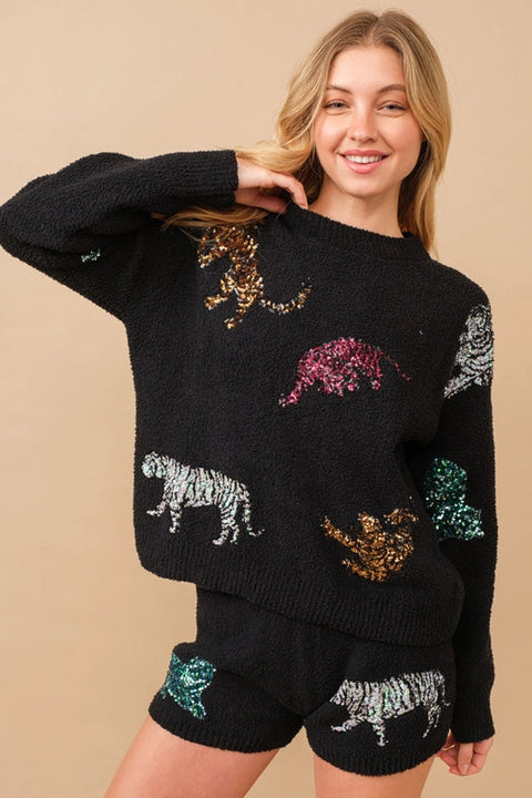 Cozy Multi Tiger Sequin Op With Matching Shorts Black-Set-Blue B-S-BLACK-Urbanheer