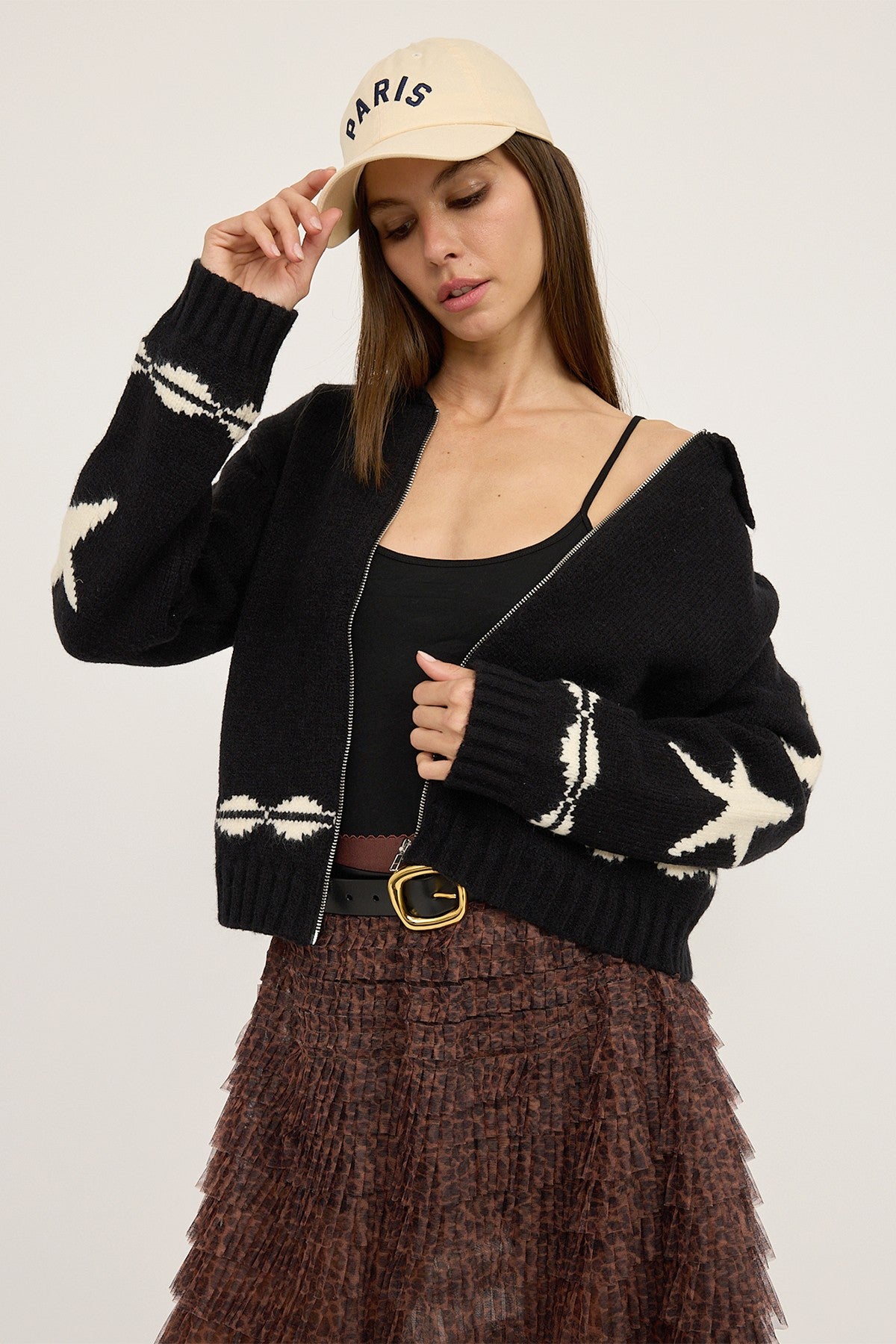 Cozy Pattern Zip Sweater Jacket in Black