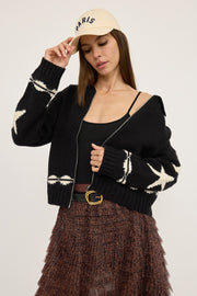 Cozy Pattern Zip Sweater Jacket in Black