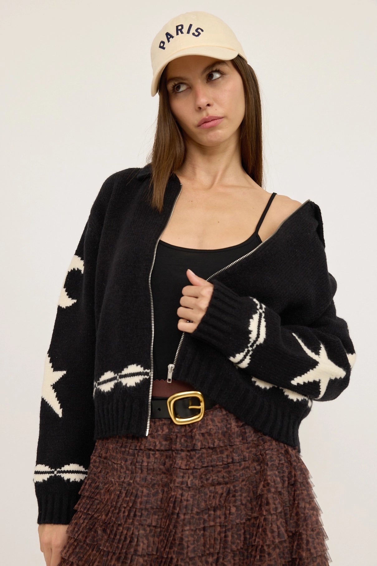 Cozy Pattern Zip Sweater Jacket in Black