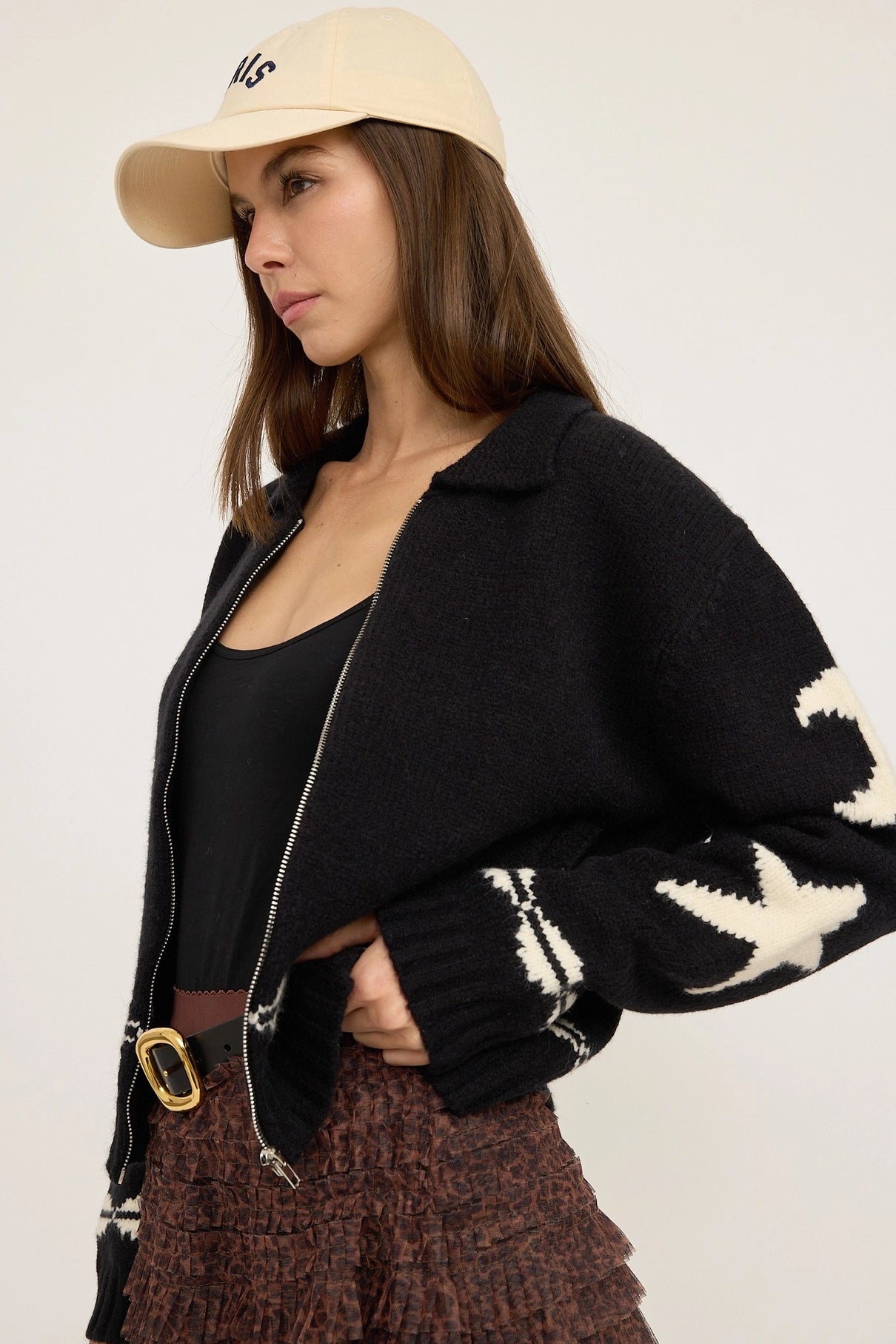 Cozy Pattern Zip Sweater Jacket in Black
