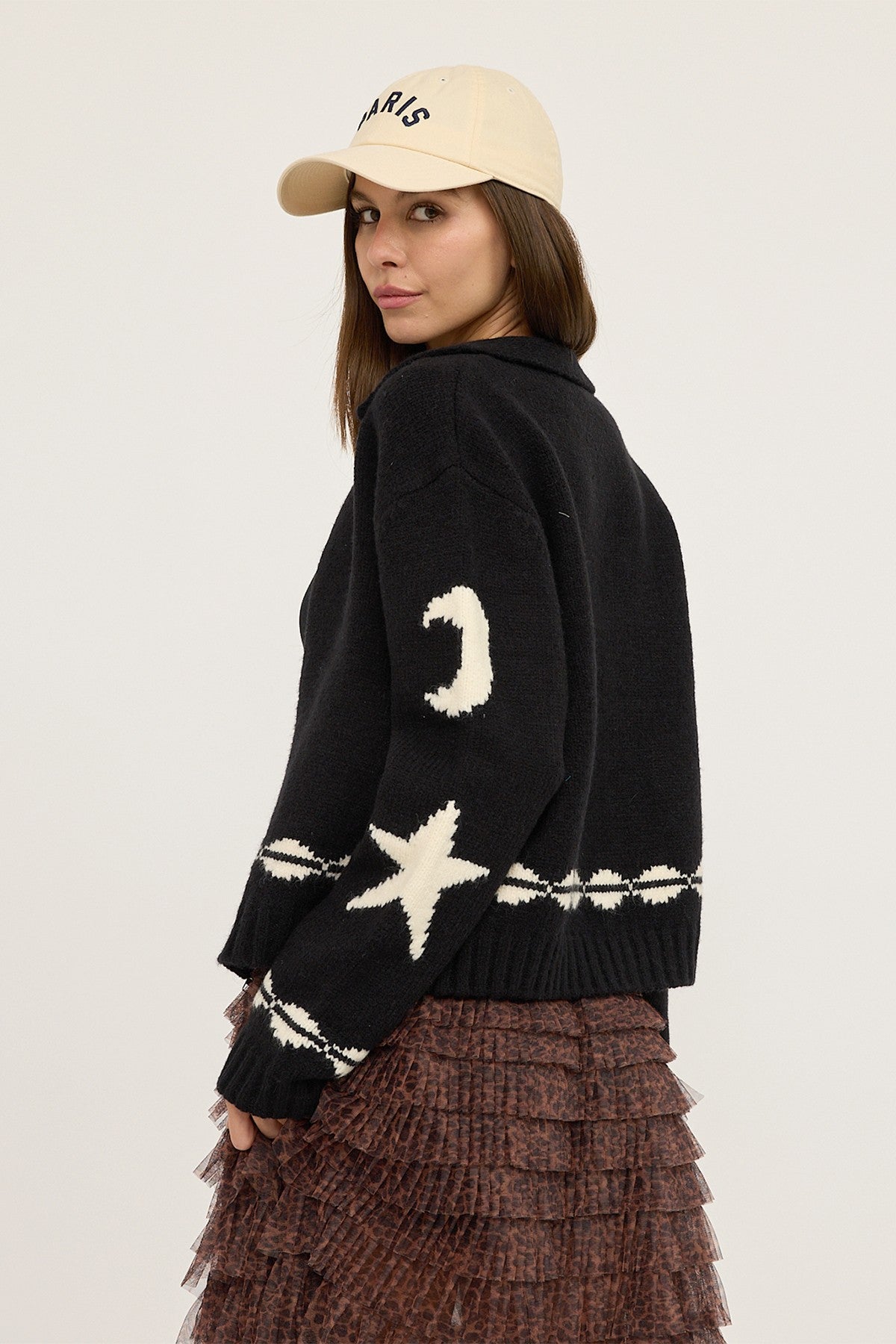Cozy Pattern Zip Sweater Jacket in Black