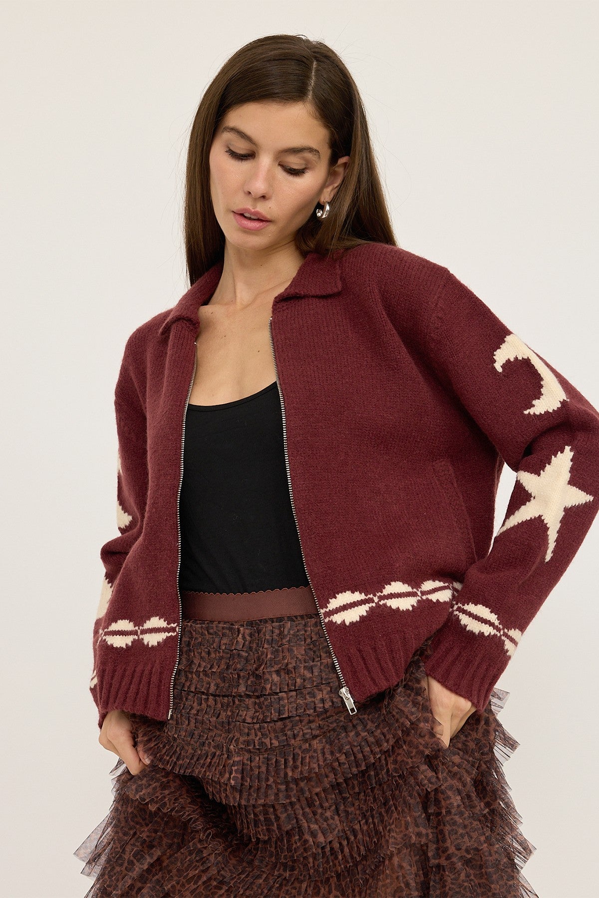 Cozy Pattern Zip Sweater Jacket in Wine