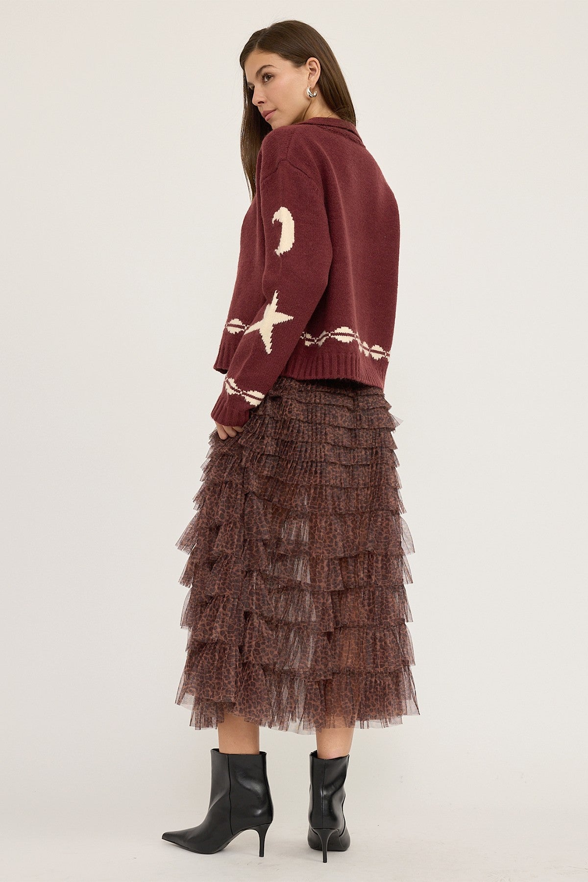 Cozy Pattern Zip Sweater Jacket in Wine