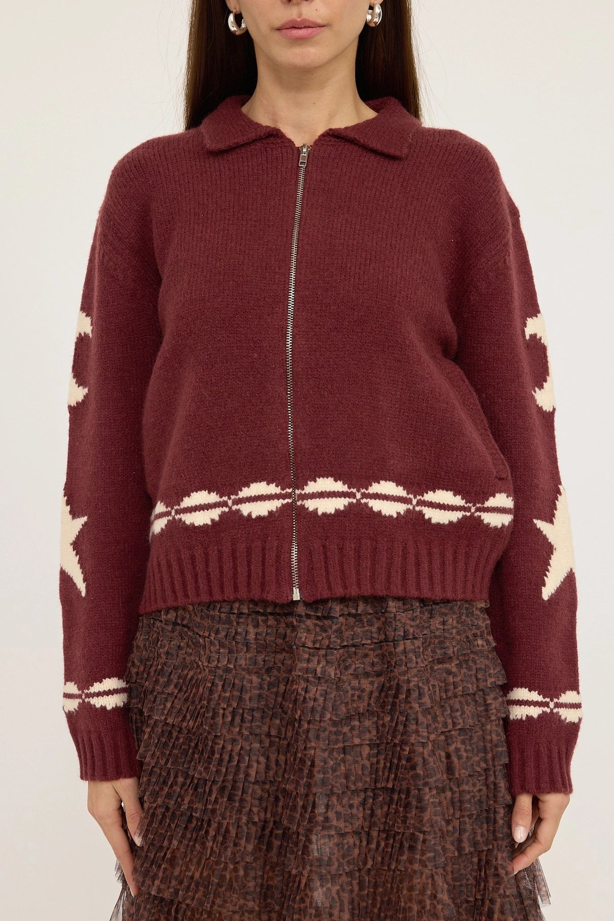 Cozy Pattern Zip Sweater Jacket in Wine