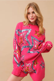 Cozy Soft Sequin Star Sweater with Shorts Set HOT PINK-Set-Blue B-S-HOT PINK-Urbanheer