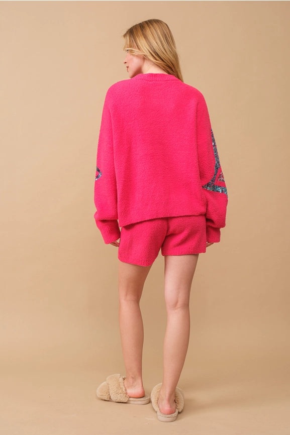 Cozy Soft Sequin Star Sweater with Shorts Set HOT PINK-Set-Blue B-S-HOT PINK-Urbanheer