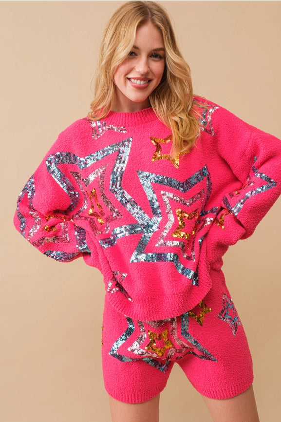 Cozy Soft Sequin Star Sweater with Shorts Set HOT PINK-Set-Blue B-S-HOT PINK-Urbanheer