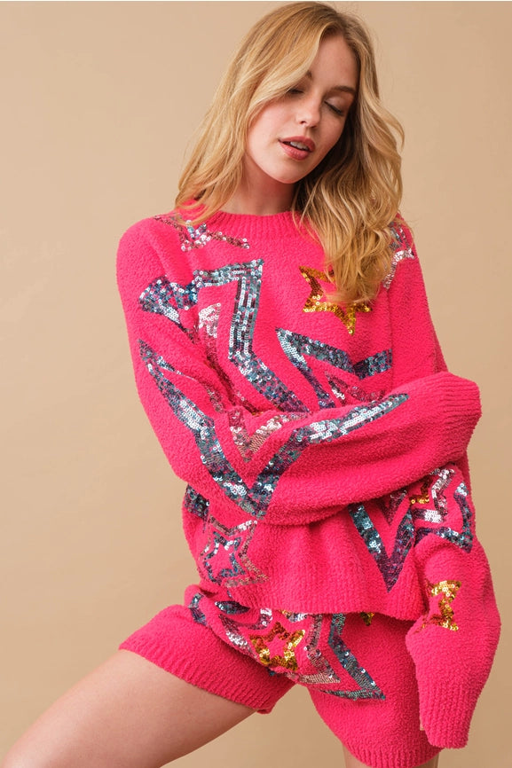 Cozy Soft Sequin Star Sweater with Shorts Set HOT PINK-Set-Blue B-S-HOT PINK-Urbanheer