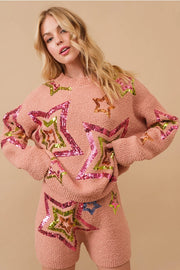 Cozy Soft Sequin Star Sweater with Shorts Set TAUPE-Set-Blue B-S-TAUPE-Urbanheer