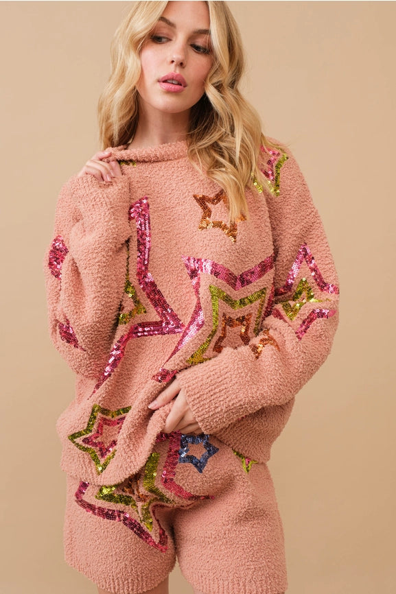 Cozy Soft Sequin Star Sweater with Shorts Set TAUPE-Set-Blue B-S-TAUPE-Urbanheer